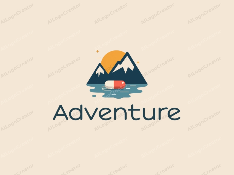 playful design features stylized mountains and a capsule, incorporating elements of adventure and exploration, combined with a clean background.