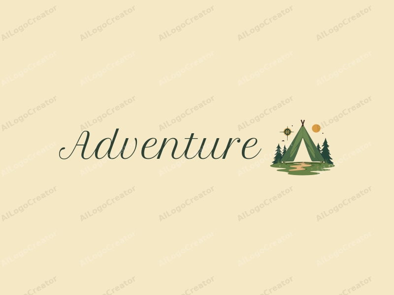 exploratory design features a stylized tent and compass, combined with a clean background, emphasizing adventure and outdoor activities in green and brown tones.