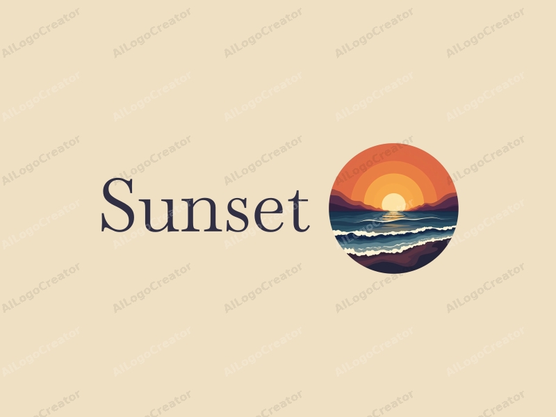 a serene design featuring a sunset over the ocean, with gentle waves lapping at the shore, incorporating a natural and romantic style with a harmonious blend of orange, purple, and golden hues against a clean background.