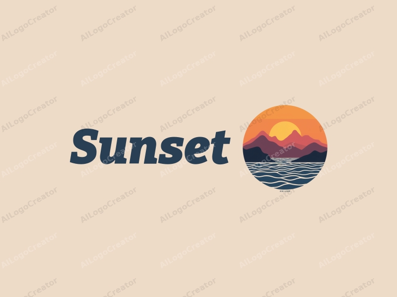 vintage design features a stylized sunset over the ocean with mountains in the background, incorporating warm orange and purple hues, combined with a clean and harmonious layout.