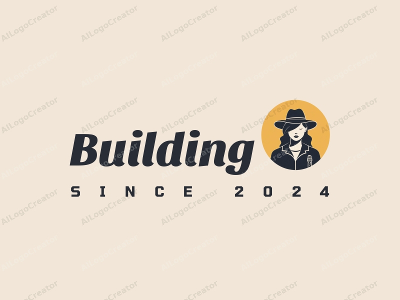 modern design features a stylized building and structure, a person wearing a hat, combined with a clean background.