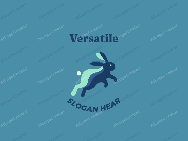 a modern minimalist design featuring a stylized rabbit in a jumping pose, incorporating blue and green colors, emphasizing multifunctionality and adaptability with a clean background.