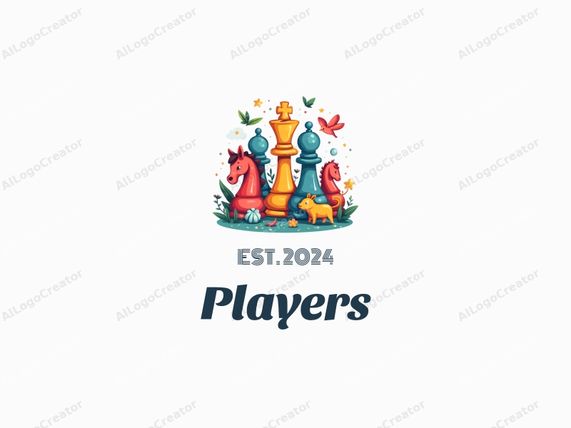 playful design features a vibrant array of colors, incorporating a stylized player and game character alongside whimsical chess pieces and animals, all harmoniously blended against a clean background.