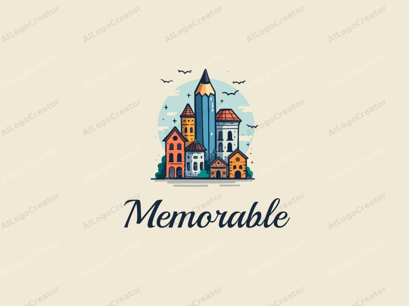 playful design features a stylized pencil intertwined with architectural elements, representing memories and iconic symbols, combined with a clean background in blue and orange colors.