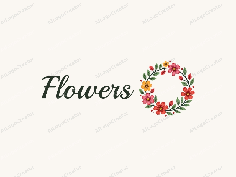 playful design features vibrant flowers and petals arranged in a circular wreath, complemented by playful leaves, all set against a clean background.