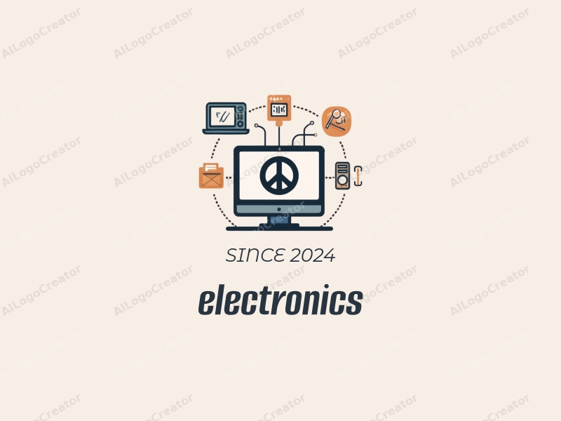 a modern design featuring electronic devices and a computer, integrated with a peace symbol and connecting lines, combined with a clean background.