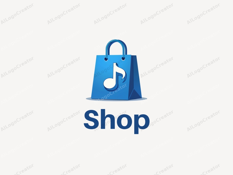 a modern design featuring a stylized shop and shopping bag intertwined with a music symbol, using a clean and simple composition with a blue color palette.