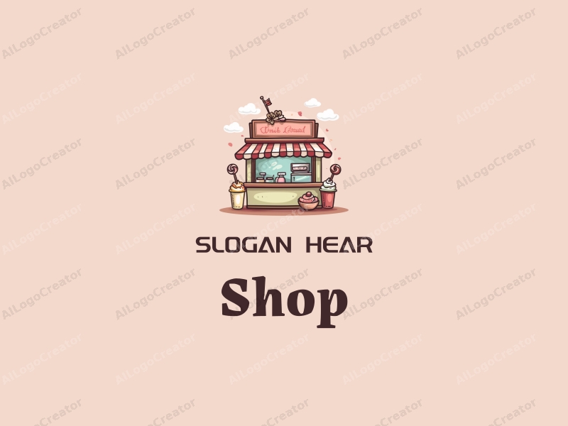 modern design features a stylized shop silhouette, playful candy and milkshake elements, combined with a clean background and a harmonious layout.