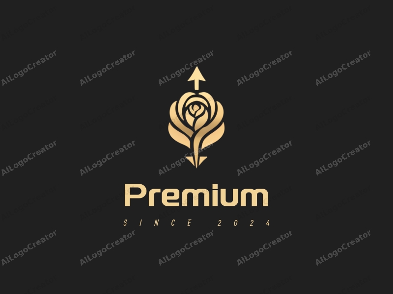 a modern minimalist design featuring a gold rose intertwined with a forward arrow, set against a clean black background, emphasizing luxury and high quality.