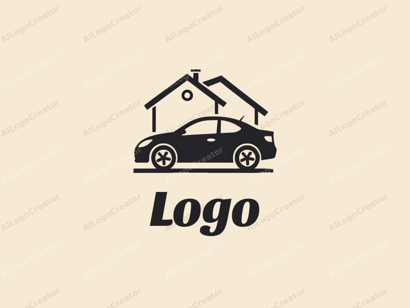 modern design features a stylized car and house silhouette, combined with a clean background and a minimalist approach.