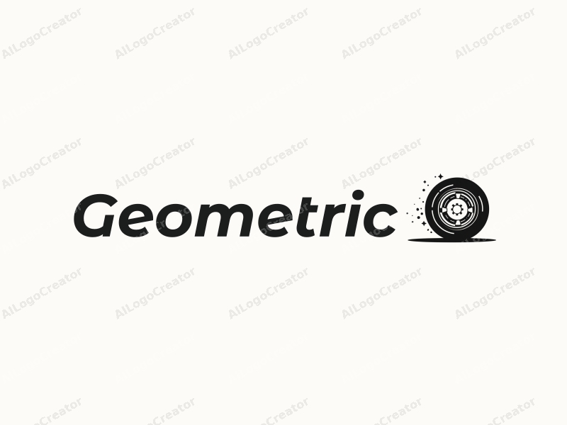 geometric design features a combination of squares and circles, incorporating a stylized tire and steering wheel, set against a clean black and white background.