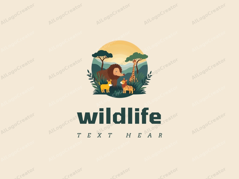 naturalistic design features a stylized representation of a zoo with vibrant wildlife, incorporating elements of greenery and earth tones, combined with a clean and harmonious background.