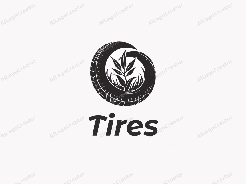 modern design features a stylized tire and car tire silhouette intertwined with an outline of a plant, combined with a clean background.