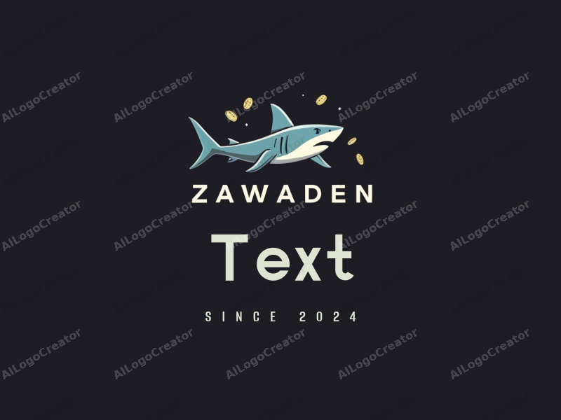 modern design features bold text and a sleek font, combined with a stylized shark and coin, set against a clean black background.