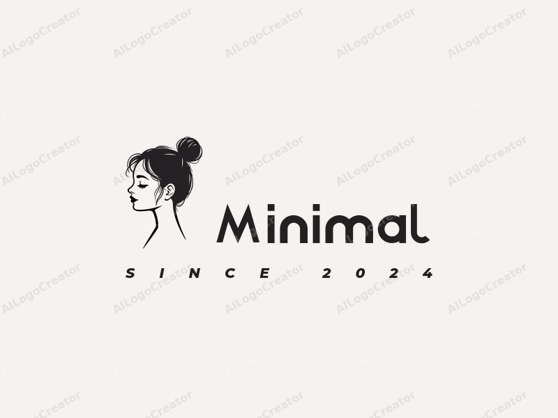 minimalist design features a stylized girl with a high bun hairstyle, incorporating clean lines and a harmonious composition, using a monochromatic color palette of white, black, and gray.