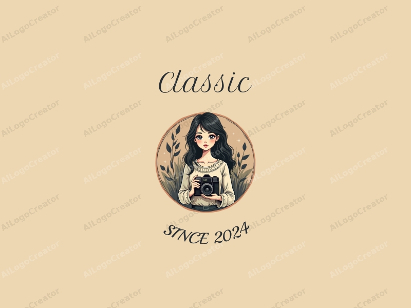 vintage design features a stylized girl holding a classic camera, combined with traditional elements and a clean background.