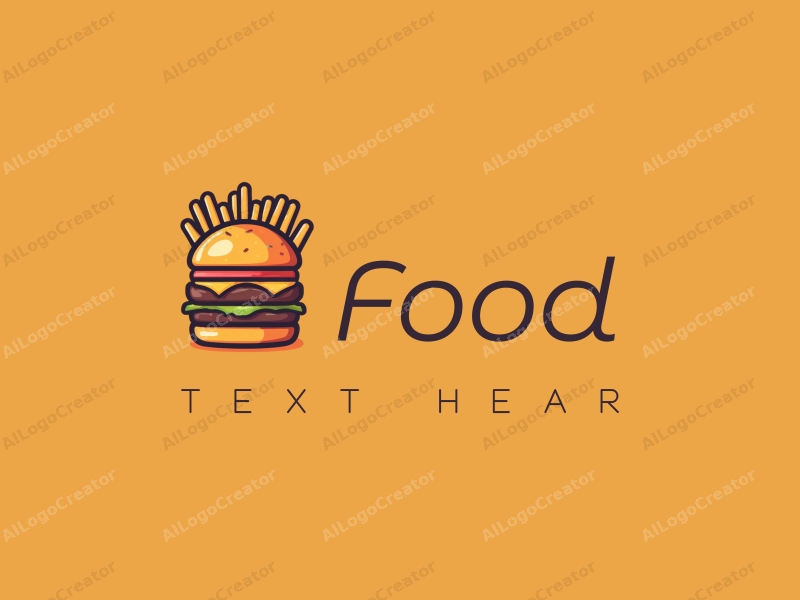 a modern design featuring a stylized burger and fries, with vibrant colors and a clean background, emphasizing the deliciousness of the food in a harmonious and simple composition.