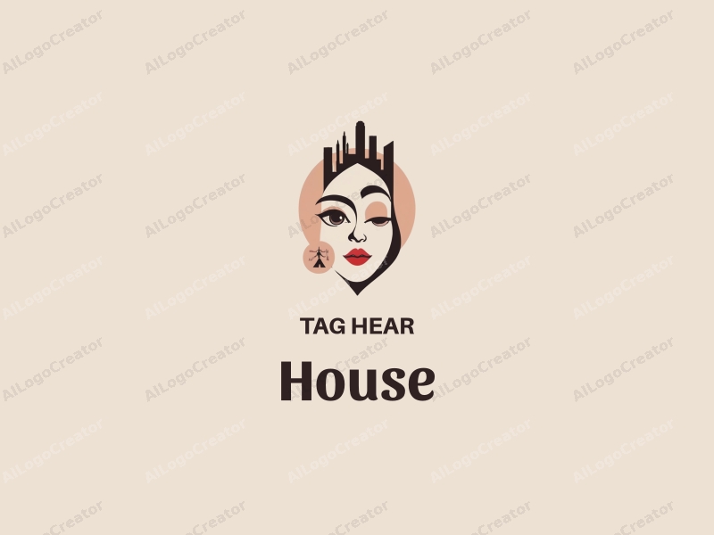 modern design features a stylized house and building silhouette, integrated with abstract facial elements and makeup motifs, combined with a clean background.