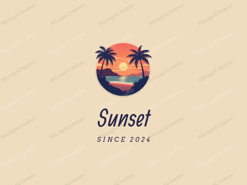 vintage design features a stylized sunset over a serene coastline, with palm trees framing the scene, using a harmonious blend of orange and purple colors against a clean background.