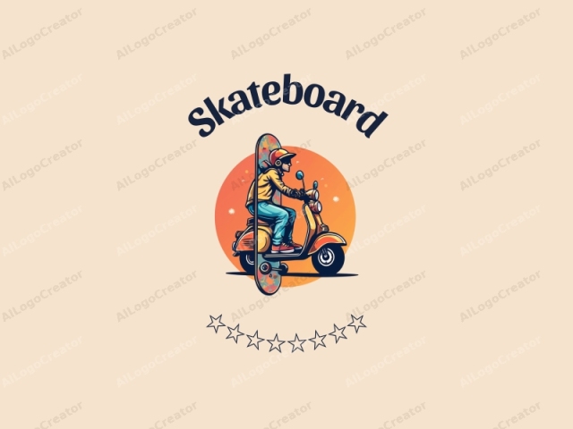 fröhliches Design mit einem lebendigen Skateboard und Scooter, die miteinander verflochten sind, mit dynamischen Formen und frechen Elementen, kombiniert mit einem sauberen Hintergrund.