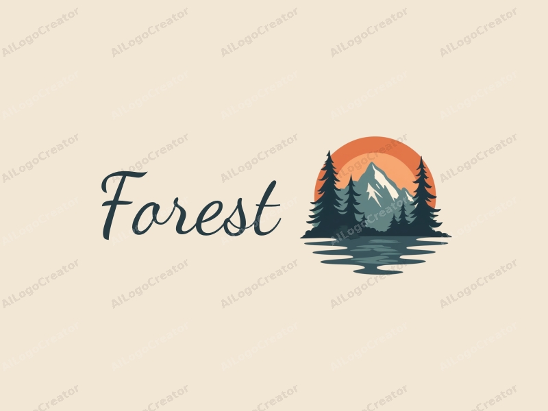 vintage design features stylized trees and leaves, a silhouette of mountains, combined with a clean background and harmonious composition.