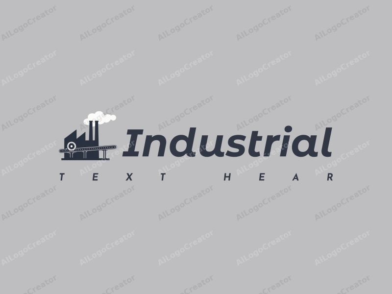 a modern minimalist design featuring a stylized factory silhouette, interlocking gears, and a conveyor belt, combined with a clean gray and black color scheme.