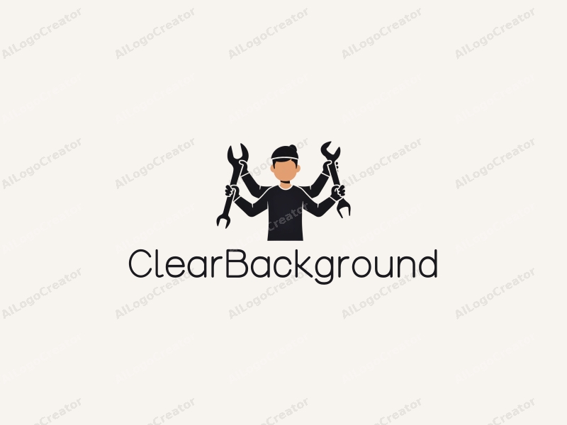 minimalist design features a multi-armed figure holding various repair tools, combined with a clean background in transparent and black colors, emphasizing a modern and professional aesthetic.