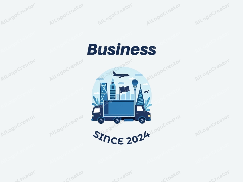 a modern design featuring abstract representations of business and office elements, combined with symbols of logistics and travel, using a blue color palette, with a clean and harmonious composition.