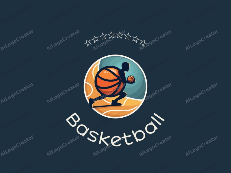 playful design features a stylized basketball, an athlete in motion, and a basketball court background combined with a clean and simple layout.