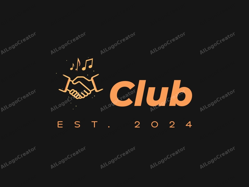 a modern design featuring a stylized club scene with social elements, incorporating musical notes and a handshake, combined with a clean black background.