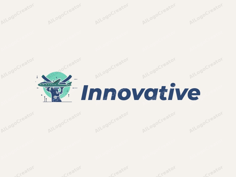 a modern minimalist design featuring a stylized robotic arm and a flying vehicle, combined with elements of innovation and future, set against a clean background in blue and green colors.