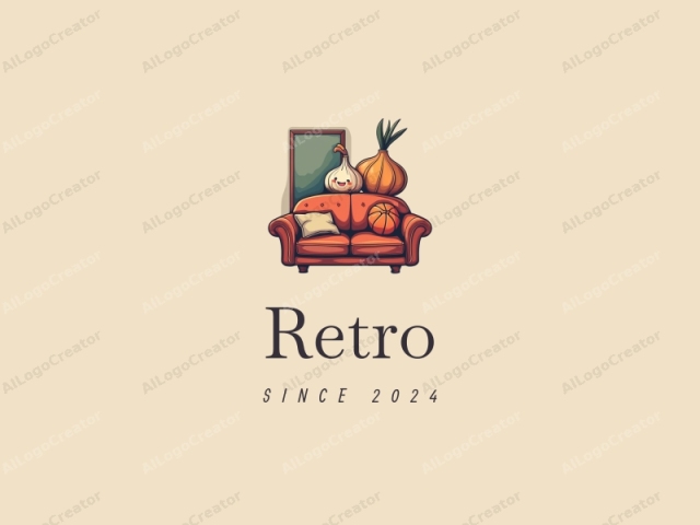 vintage design features a retro sofa and a retro poster, combined with a smiling onion and a basketball, all set against a clean background.