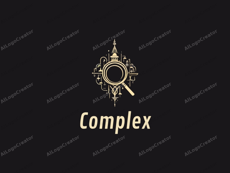 modern design features a stylized magnifying glass intertwined with intricate architectural elements, showcasing complexity and sophistication against a clean black background.