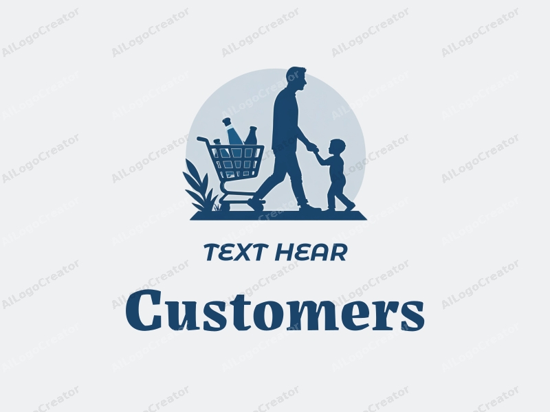 a modern minimalist design featuring a stylized shopping cart with products, a silhouette of a customer and shopper, combined with a clean background in blue and gray tones.