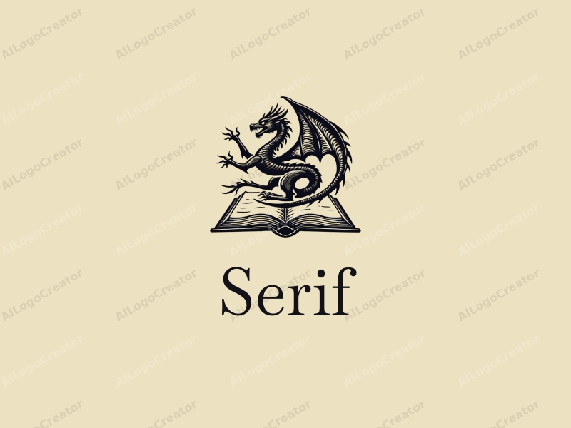 vintage design features elegant serif fonts, a stylized dragon intertwined with an open book, combined with a clean background.