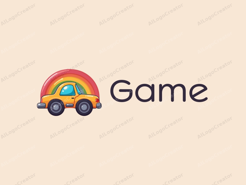 playful design features a stylized toy car with a vibrant rainbow, combined with a clean background and simple shapes for a fun and engaging visual.