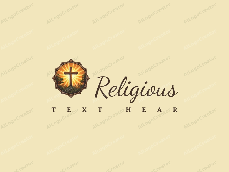 vintage design features a prominent cross symbol, surrounded by radiant golden light, incorporating elements of faith and spirituality, set against a clean and harmonious background.