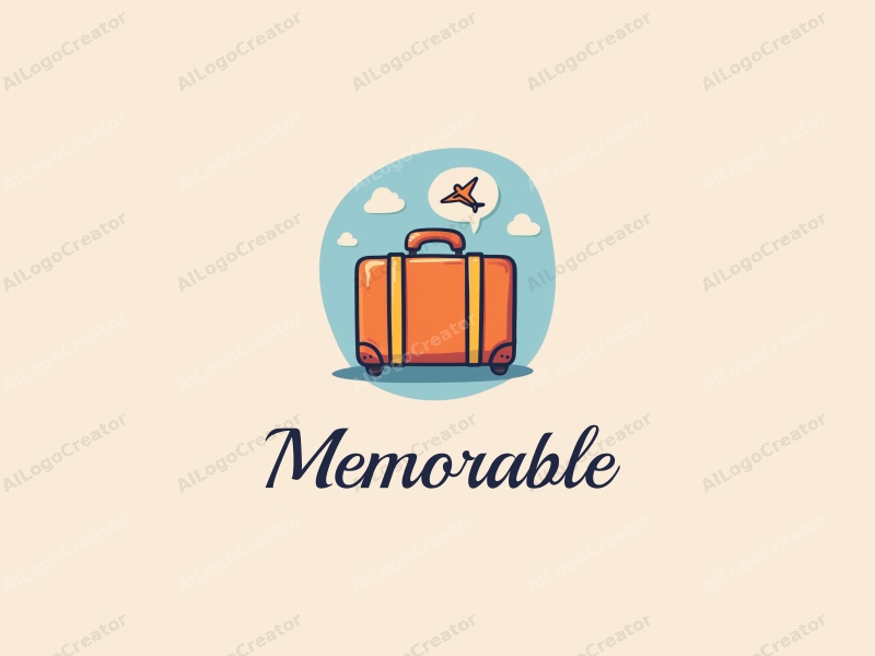 playful design features a stylized travel suitcase and a speech bubble, incorporating memory and iconic elements with a clean background in blue and orange colors.