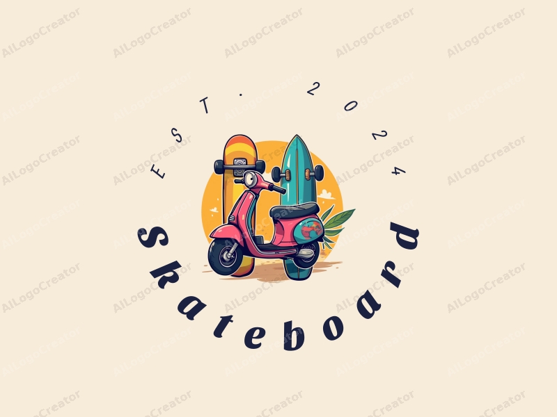 playful design features vibrant skateboards, stylized scooters, and surfboards, combined with a clean background and a fun, energetic composition.