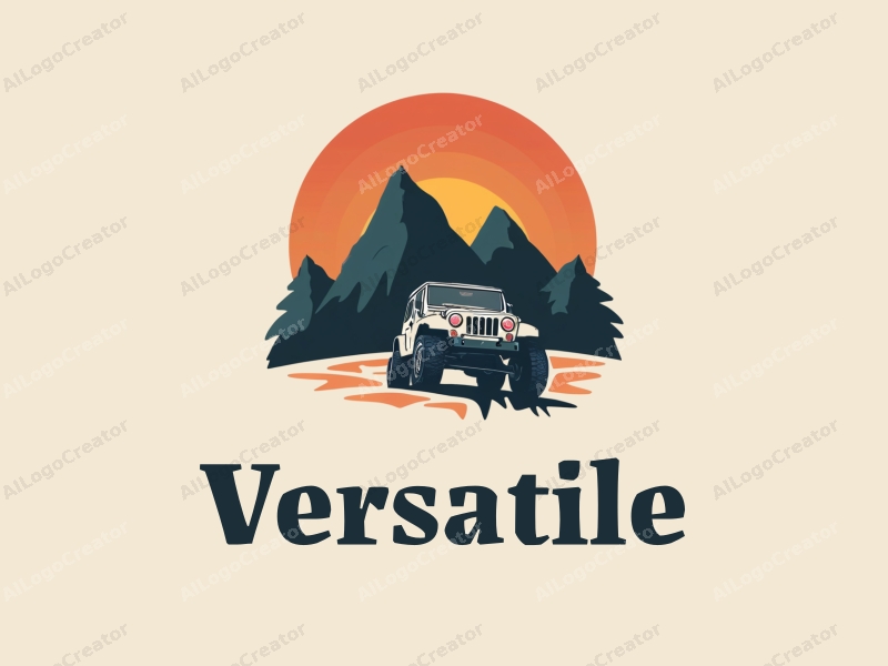 modern design features a stylized off-road vehicle navigating through abstract mountains, incorporating a multifunctional and adaptable theme with a clean background.