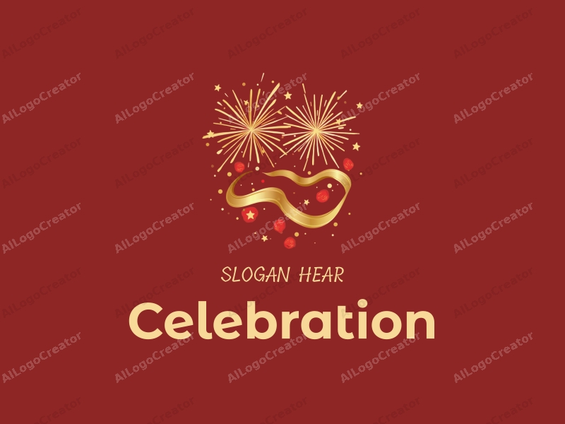 a cheerful design featuring vibrant fireworks and flowing ribbons in gold and red, embodying a festive atmosphere with a clean and harmonious composition.