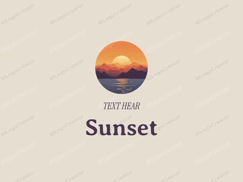 vintage design features a stylized sunset over the ocean with mountains in the background, incorporating warm orange and purple hues, combined with a clean and harmonious layout.