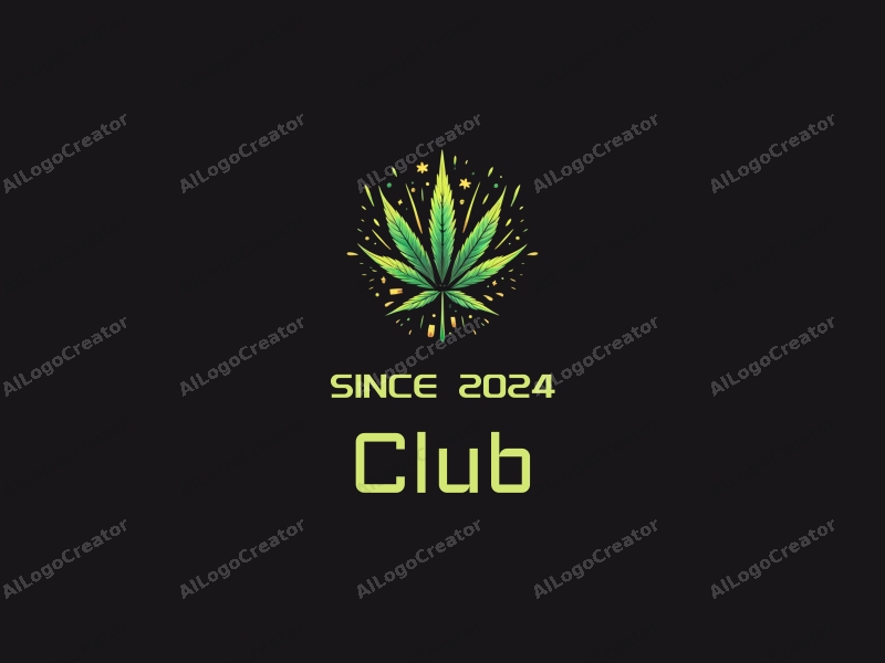 a modern design featuring a stylized club scene with social elements, incorporating cannabis leaves and money symbols, combined with a clean black background.