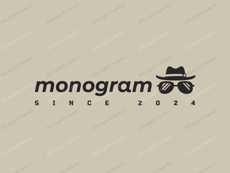 modern design features stylized letters, a pair of sunglasses, and a hat, combined with a clean background and a minimalist approach.