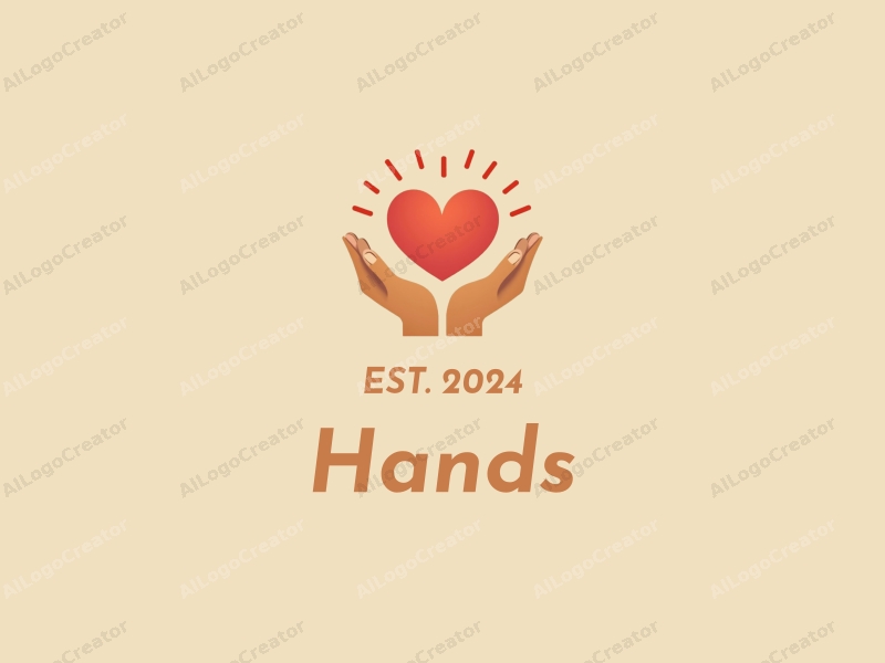 a modern design featuring a stylized hand gently holding a heart radiating light, using skin tone colors against a clean background.