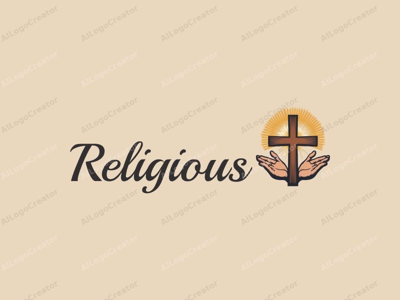 vintage design features a stylized cross, golden halo, and hands in a harmonious composition with a clean background.