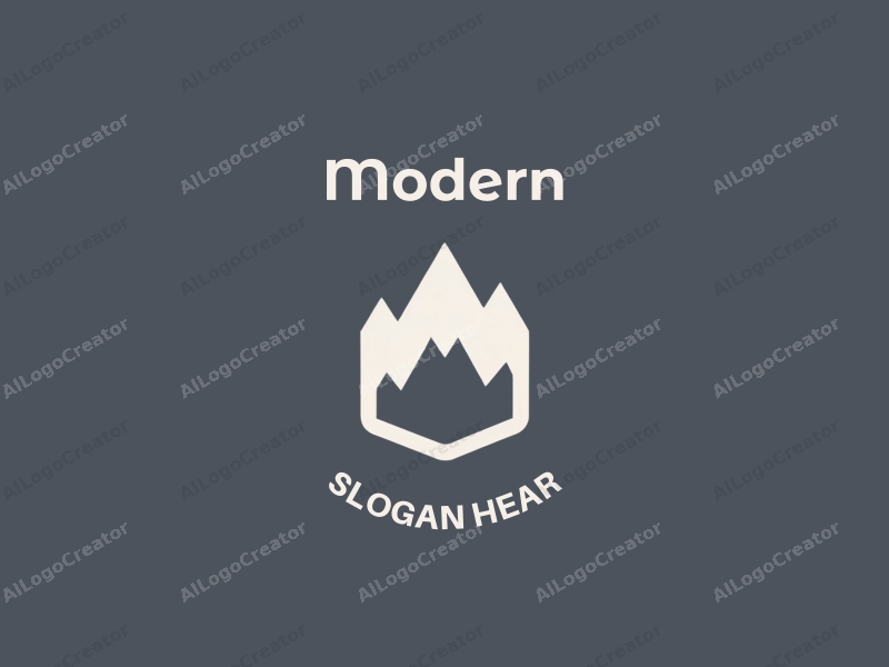 modern minimalist design features a stylized mountain silhouette integrated with a shield shape, utilizing a clean background and innovative design approach.