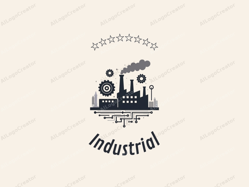 modern design features a stylized factory silhouette, interlocking gears, and circuit patterns combined with a clean background.