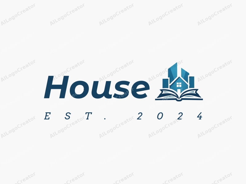 modern design features a stylized house and building silhouette, integrated with books, using a clean and simple composition with a blue color palette.