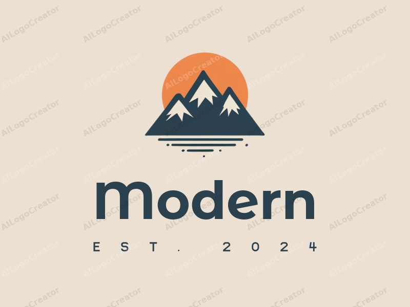 minimalist design features stylized mountains and a sun, combined with a tag style approach and a clean background.